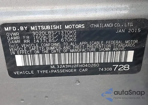 2015 Mitsubishi Mirage De from USA, damaged, VIN ML32A3HJ2FH040260